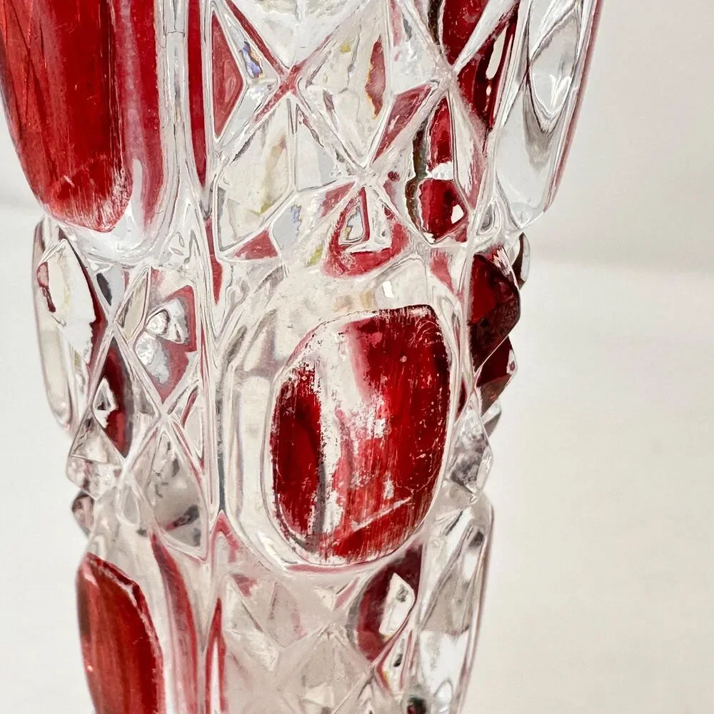 Vintage Lead Crystal Clear Bud Vase Ruby Red Flash Cut Glass Germany 8